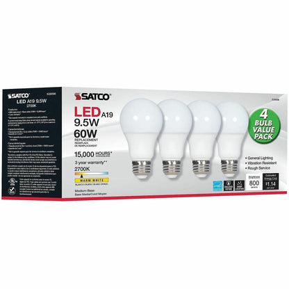 Satco LED Light Bulb, 9.50 W, 60 W Incandescent Equivalent Wattage, 12/Pack (SDNS39596)