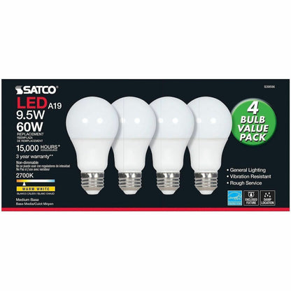 Satco LED Light Bulb, 9.50 W, 60 W Incandescent Equivalent Wattage, 12/Pack (SDNS39596)
