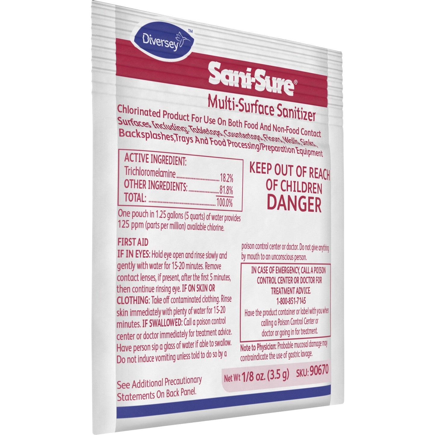 Sani-Sure Multi-Surface Sanitizer, 0.13 oz, Chlorine Scent, Odorless, Yellow, 100/Carton (DVO90670)