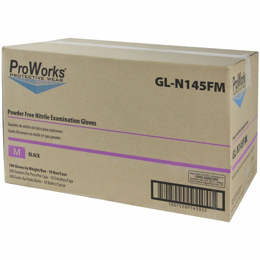 ProWorks Black Nitrile Exam Gloves, Powder-Free, Medium, 100/Box (HOSGLN145FM)
