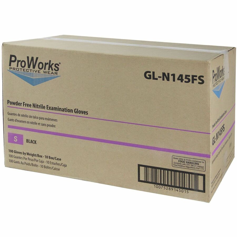 ProWorks Black Nitrile Exam Gloves, Powder-Free, Small, 100/Box (HOSGLN145FS)