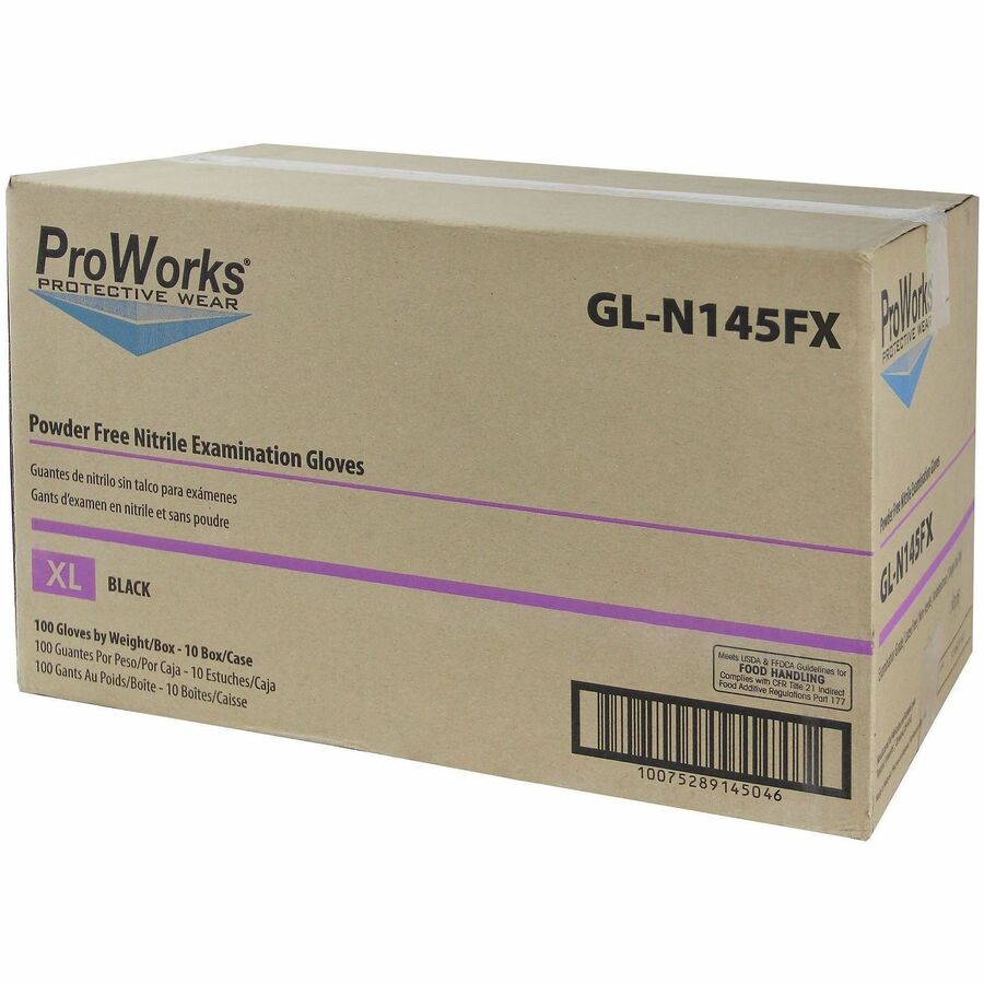 ProWorks Black Nitrile Exam Gloves, Powder-Free, X-Large, 100/Box (HOSGLN145FX)