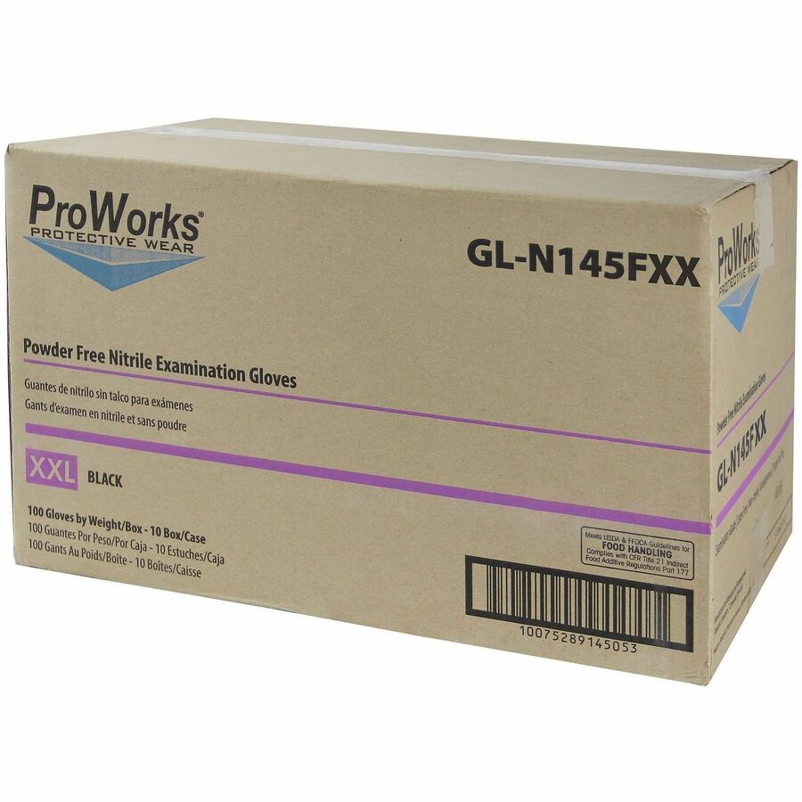 ProWorks Black Nitrile Exam Gloves, Powder-Free, XX-Large, 100/Box (HOSGLN145FXX)