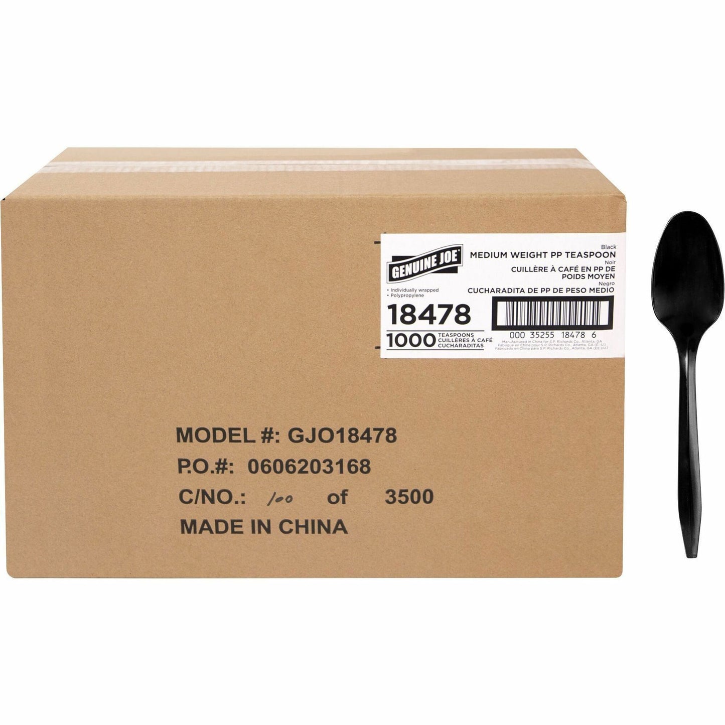 Genuine Joe Medium-weight Individually Wrapped Teaspoons, Black, 1000/Carton (GJO18478)