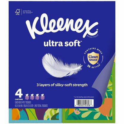 Kleenex Ultra Soft Tissues, 3 Ply, WhiteBox, 60/Box, 4/Pack (KCC54308)