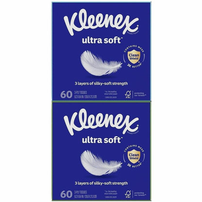 Kleenex Ultra Soft Tissues, 3 Ply, WhiteBox, 60/Box, 4/Pack (KCC54308)