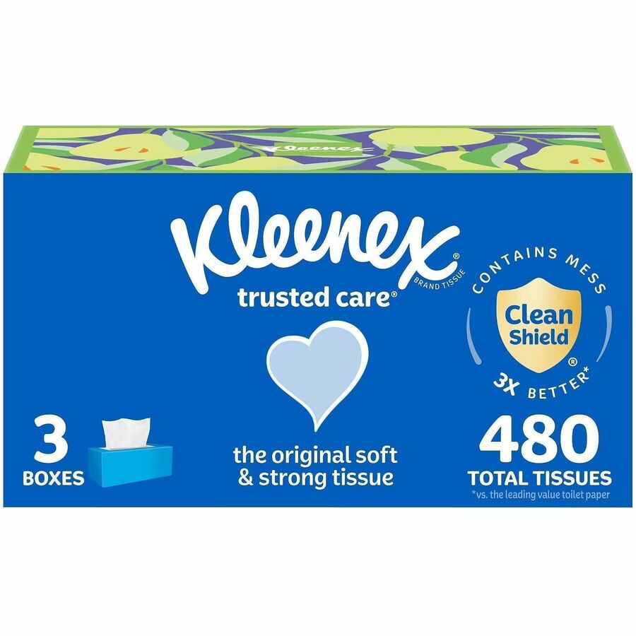 Kleenex Trusted Care Tissues, 2 Ply, 8.40" x 8.50", White, 160/Box, 3/Pack (KCC54303)