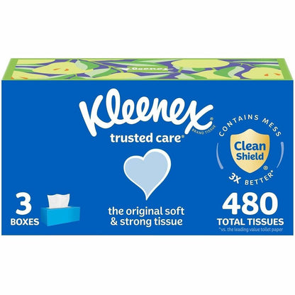 Kleenex Trusted Care Tissues, 2 Ply, 8.40" x 8.50", White, 160/Box, 3/Pack (KCC54303)