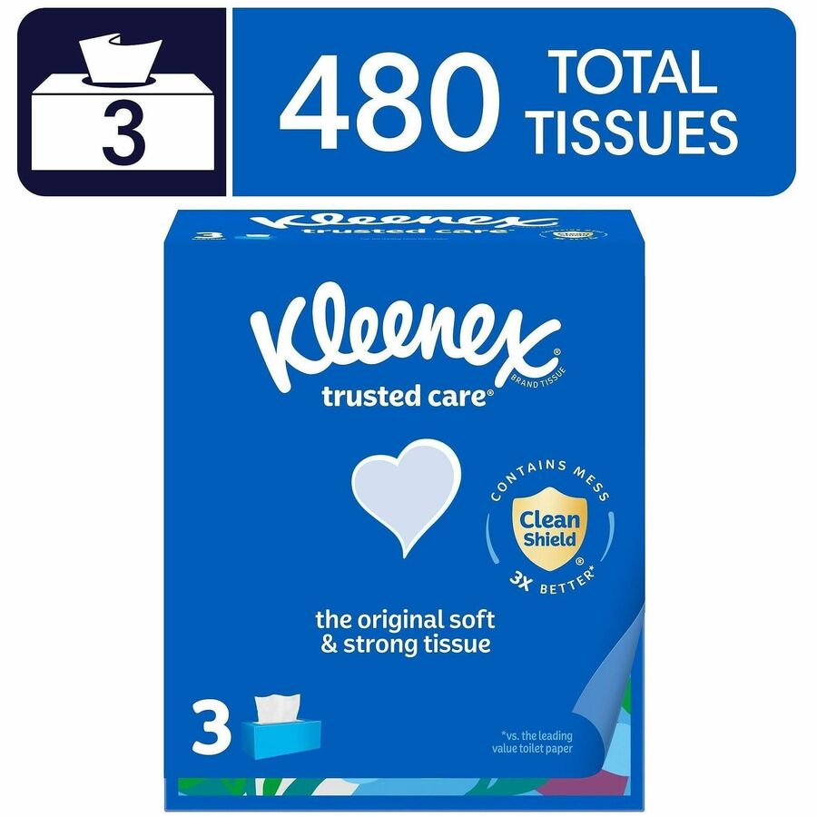 Kleenex Trusted Care Tissues, 2 Ply, 8.40" x 8.50", White, 160/Box, 3/Pack (KCC54303)