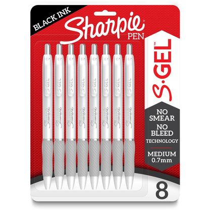 sharpie-s-gel-pens-medium-pen-point-0-7-mm-pen-point-size-black-gel-based-ink-white-metal-barrel-8-pack-num-san2169762_1
