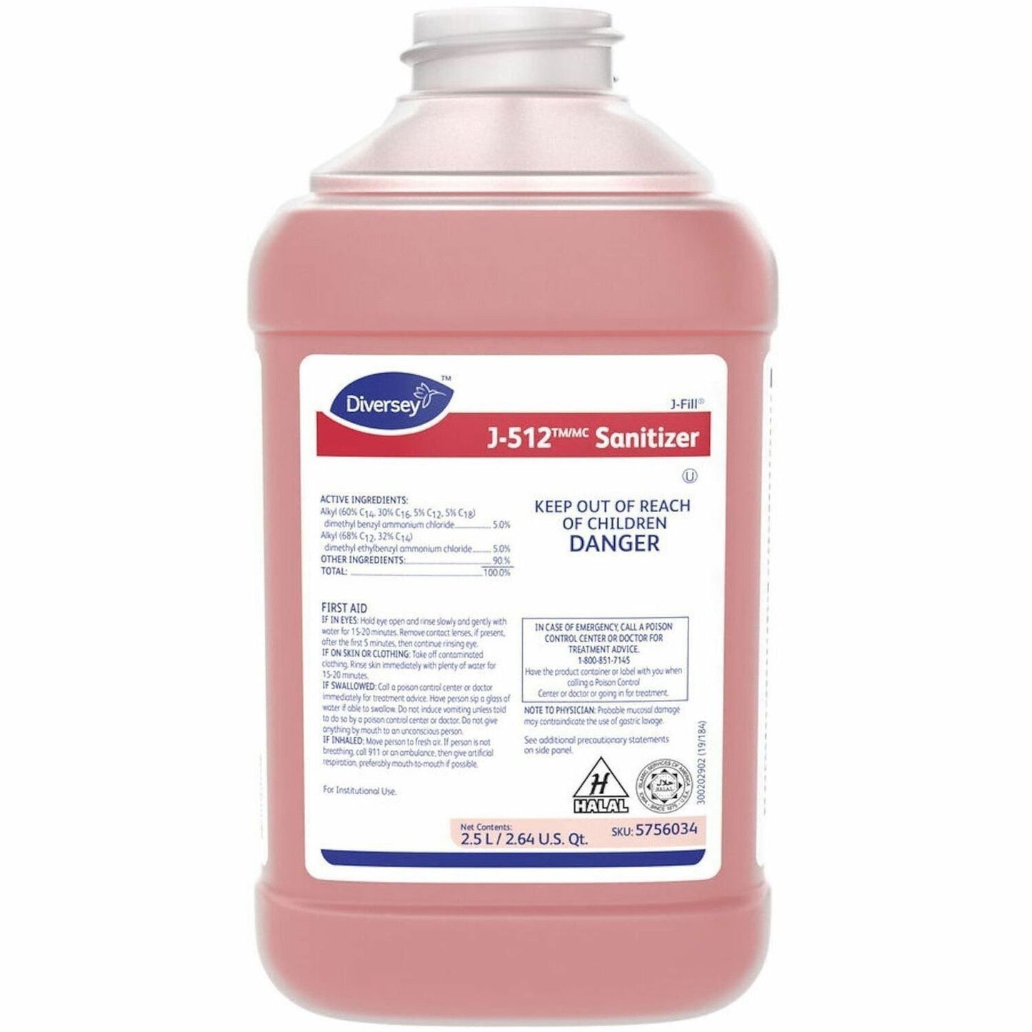 Diversey J-512 Sanitizer, 84.5 fl oz, Quaternary Scent, Kosher, Rinse-free, Red, 1 Carton (DVO5756034)