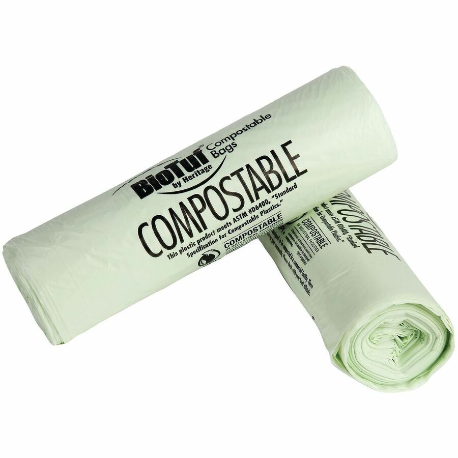 Heritage BioTuf Compostable Can Liners, 30 gal Capacity, 39" x 30" x 1.20 mil Thickness, 125/Box, Green (HERY6039SER01)
