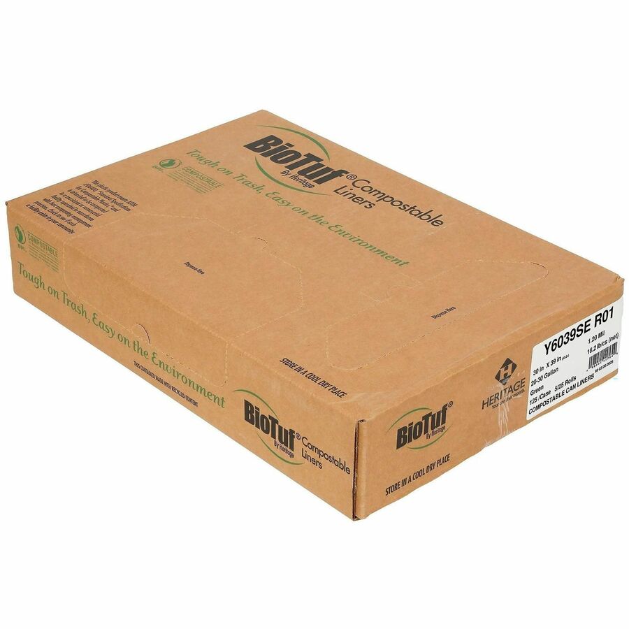 Heritage BioTuf Compostable Can Liners, 30 gal Capacity, 39" x 30" x 1.20 mil Thickness, 125/Box, Green (HERY6039SER01)