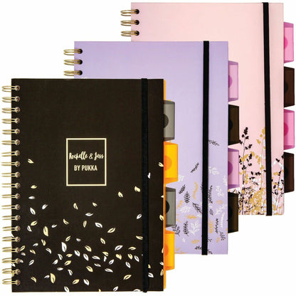 Pukka Pads Rochelle & Jess Notebook, 1.30" x 7.9" x 9.8", Gold Binding, Pink, Lilac, Black Cover, 3/Pack (PKP9447ROC)