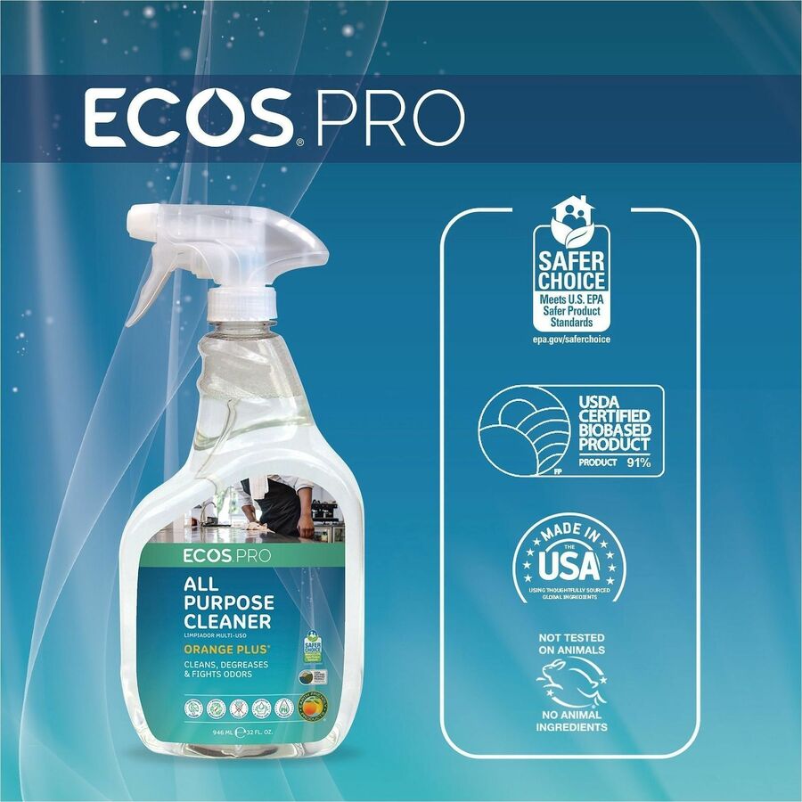 ECOS PRO Orange Plus All-Purpose Cleaner & Degreaser, Ready-To-Use, Spray, 32 fl oz, Citrus Scent, 6/Carton (EOPPL97066)
