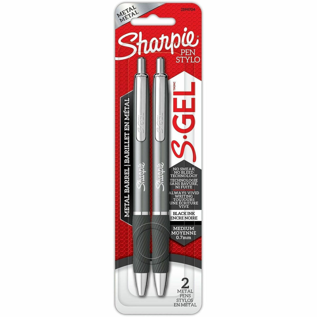 Sharpie S-Gel Pen, Black, Gray Ink, Gray Metal Barrel, 0.7 mm Pen Point, Retractable, Gel-based, 2/Pack (SAN2194704)