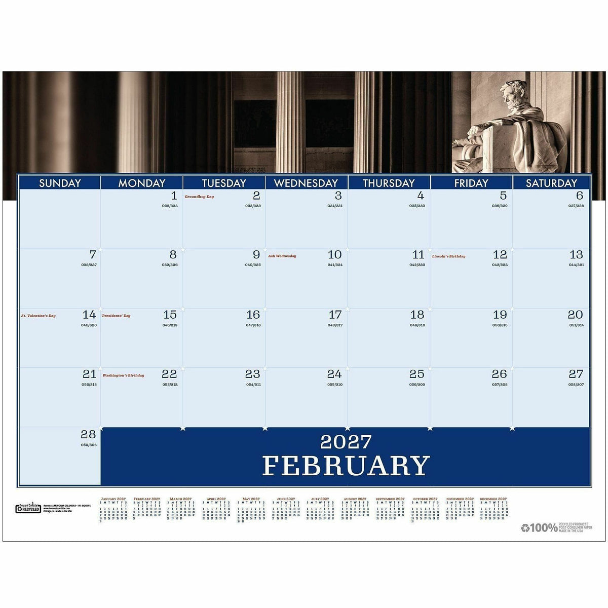 House of Doolittle Recycled Americana Monthly Desk Pad, 22" x 17", 2" x 2.50" Block, 12-Month, Jan 2027-Dec 2027, Multi (HOD141)