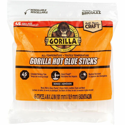 Gorilla Hot Glue Sticks, 0.43" dia x 4", Dries Clear, 45/Pack (GOR3034502)