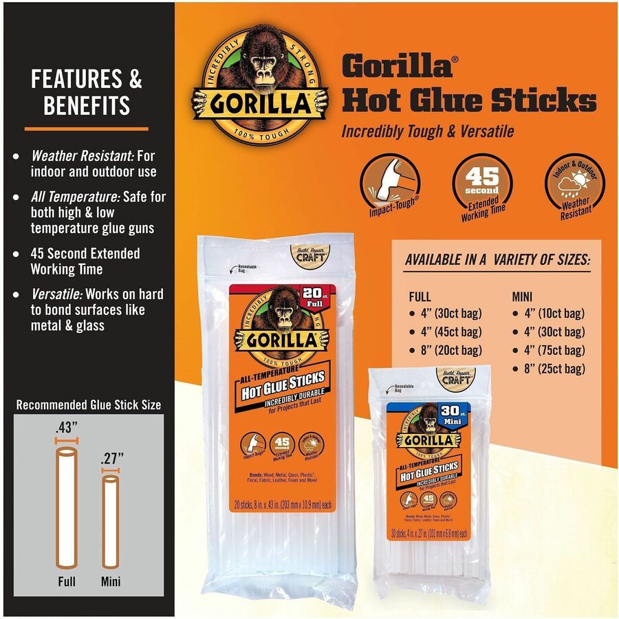 Gorilla Hot Glue Sticks, 0.43" dia x 4", Dries Clear, 45/Pack (GOR3034502)