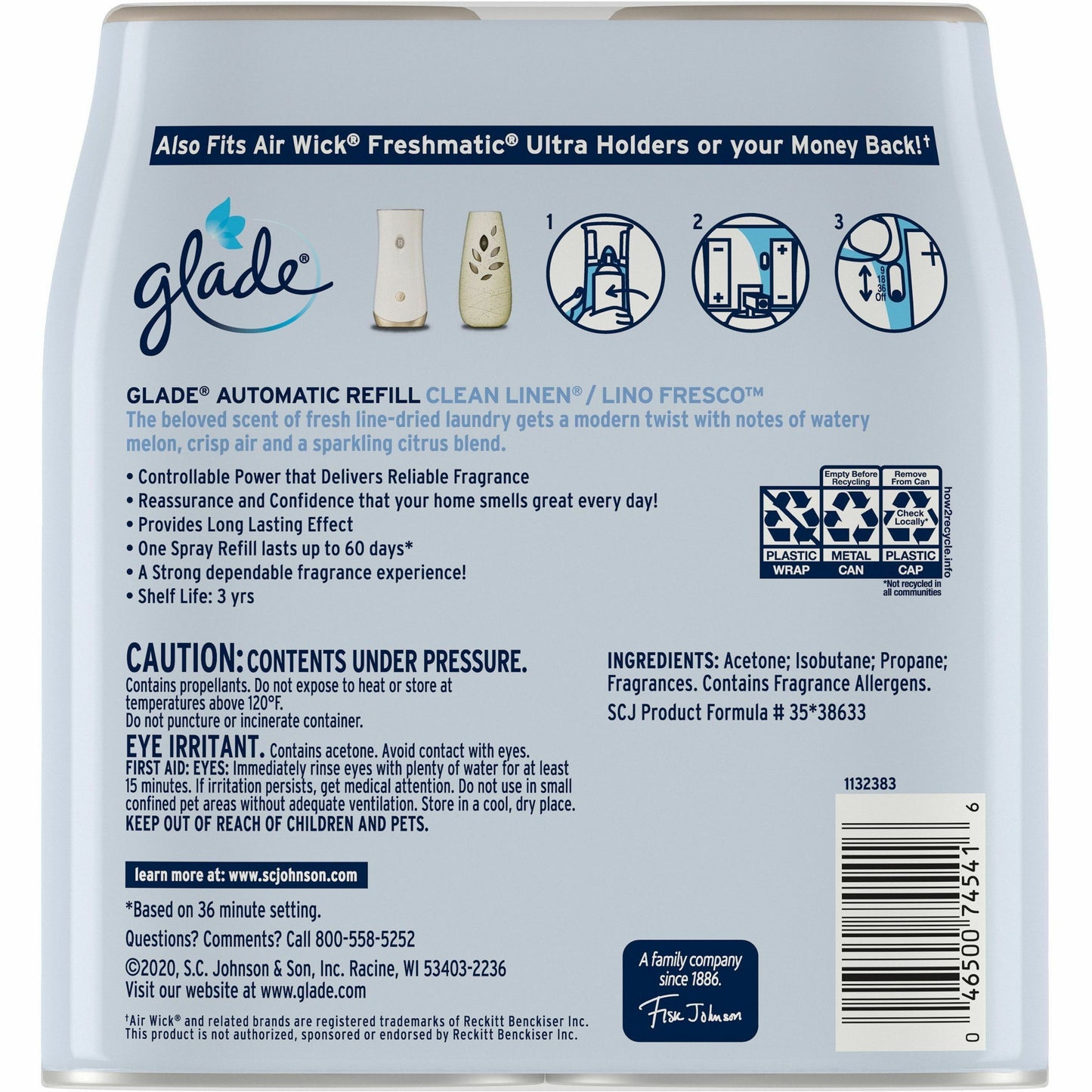 Glade Automatic Spray Refill Value Pack, 12.4 fl oz, 70 Day, Long Lasting, 2/Pack, 3/Carton (SJN375366CT)