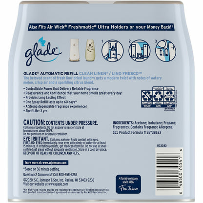 Glade Automatic Spray Refill Value Pack, 12.4 fl oz, 70 Day, Long Lasting, 2/Pack, 3/Carton (SJN375366CT)
