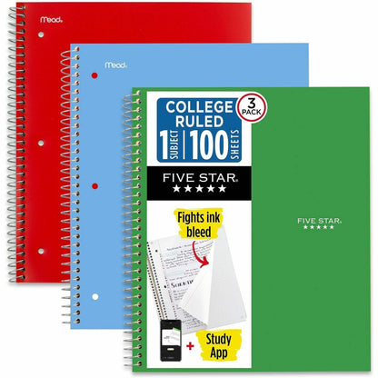 Five Star Subject Spiral Notebook, 1 Subject, 100 Sheets, Wire Bound, Ruled Margin, 8 1/2" x 11", 3/Pack (MEA820189)