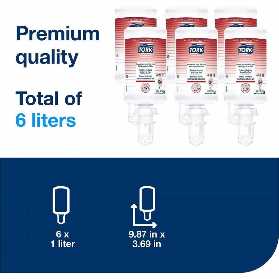 TORK Hand Sanitizer Foam Refill, Fragrance-free Scent, 1.06 quart, Pump Bottle Dispenser, 6/Carton (TRK401813)