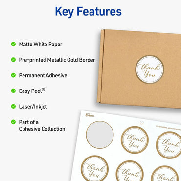 Avery Avery Multipurpose Label, x 2" Diameter, Gold, Matte White, Gold Border, Permanent Adhesive, Round, Laser, Inkjet, Matte, 120/Pack (AVE22875)