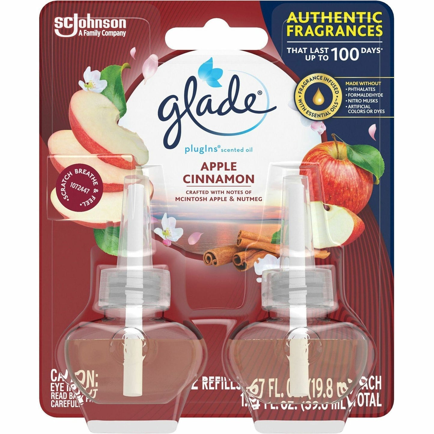 Glade PlugIns Refill, Oil, 1.3 fl oz, Apple Cinnamon, 50 Day, Long Lasting, 2/Pack (SJN375748)