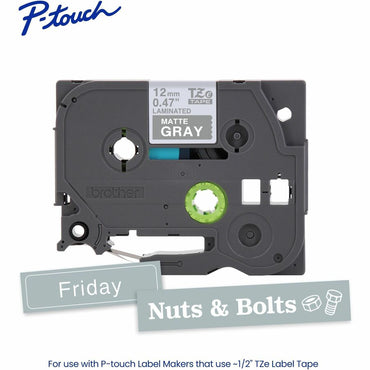 Brother Genuine P-touch TZeML35 WHT on GRY Label Tape, Premium Matte Laminated, 12mmX8m, 15/32", Matte Gray (BRTTZEML35G)
