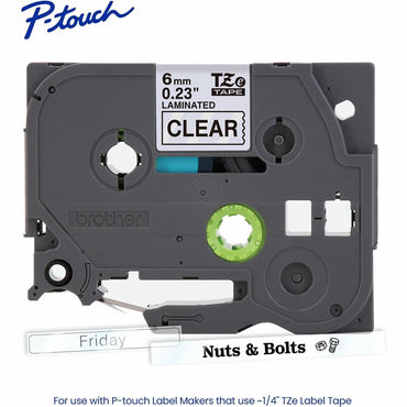 Brother P-touch Genuine TZe111 BK on CLR Label Tape, Laminated, 6mmX8m, 15/64", Clear, Water Resistant (BRTTZE111G)