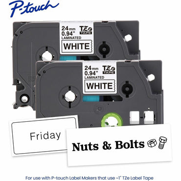 Brother Genuine P-touch TZe2512PK BK on WHT Label Tapes, Laminated, 24mmX8m each, 15/16", White, Water Resistant, 2/Pack (BRTTZE2512PKG)