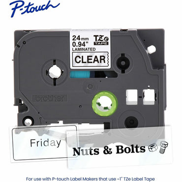 Brother P-touch Genuine TZe151 BK on CLR Label Tape, Laminated, 24mmX8m, 15/16", Clear, Water Resistant (BRTTZE151G)
