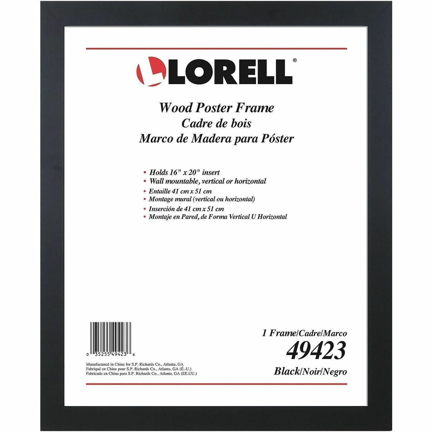 Lorell Poster Frame, 16" x 20" Frame Size, Black (LLR49423)