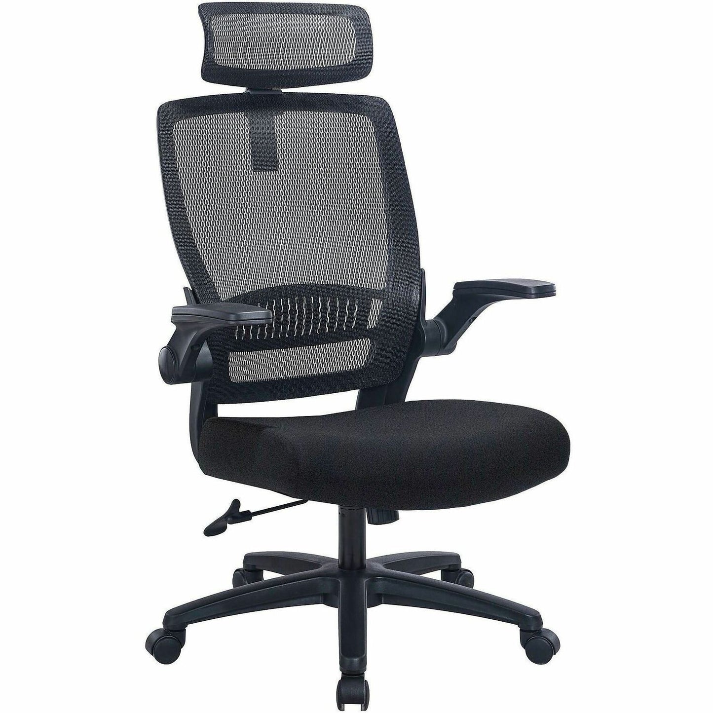 Lorell Lanser Mesh-Back Chair with Flip-Up Arms, Fabric Seat Material, Mesh Back Material, Black (LLR63210)