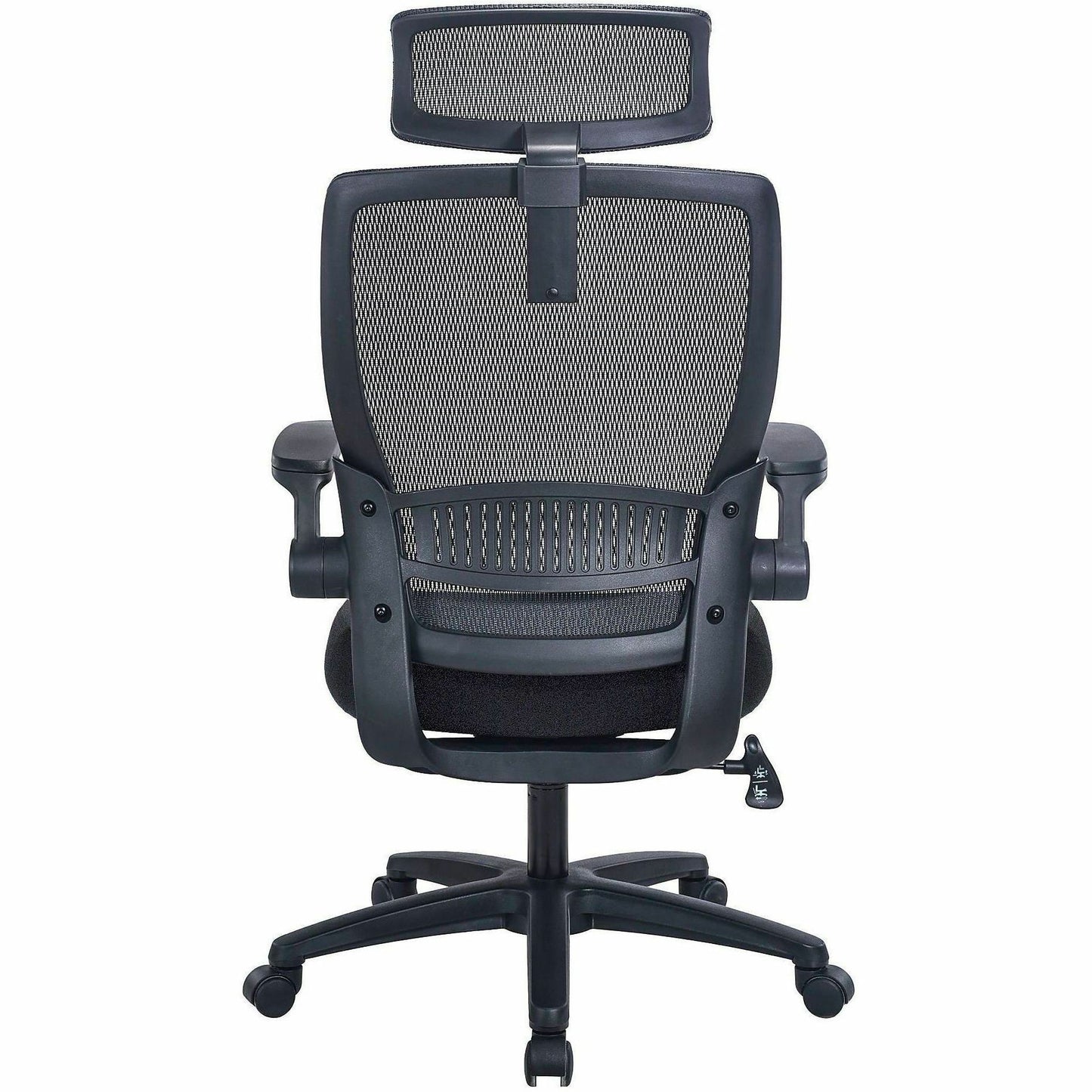 Lorell Lanser Mesh-Back Chair with Flip-Up Arms, Fabric Seat Material, Mesh Back Material, Black (LLR63210)