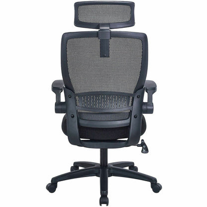 Lorell Lanser Mesh-Back Chair with Flip-Up Arms, Fabric Seat Material, Mesh Back Material, Black (LLR63210)