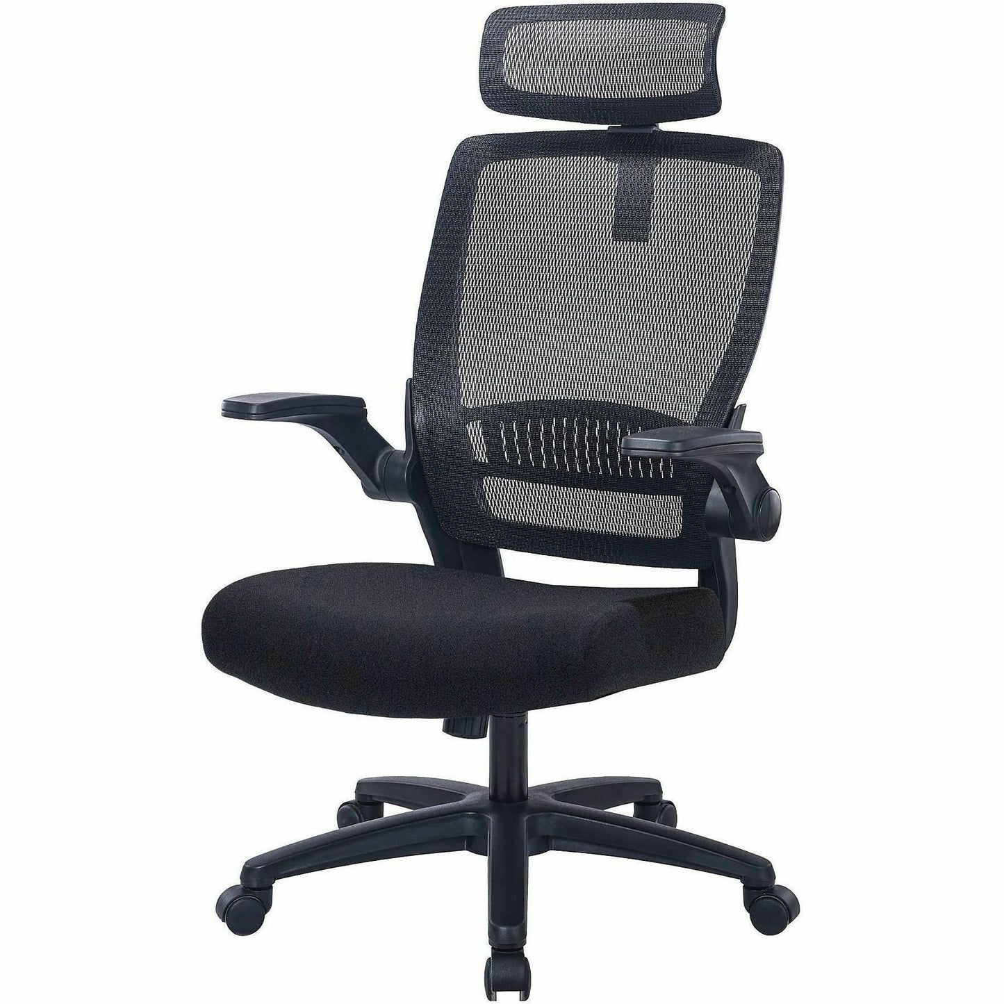 Lorell Lanser Mesh-Back Chair with Flip-Up Arms, Fabric Seat Material, Mesh Back Material, Black (LLR63210)