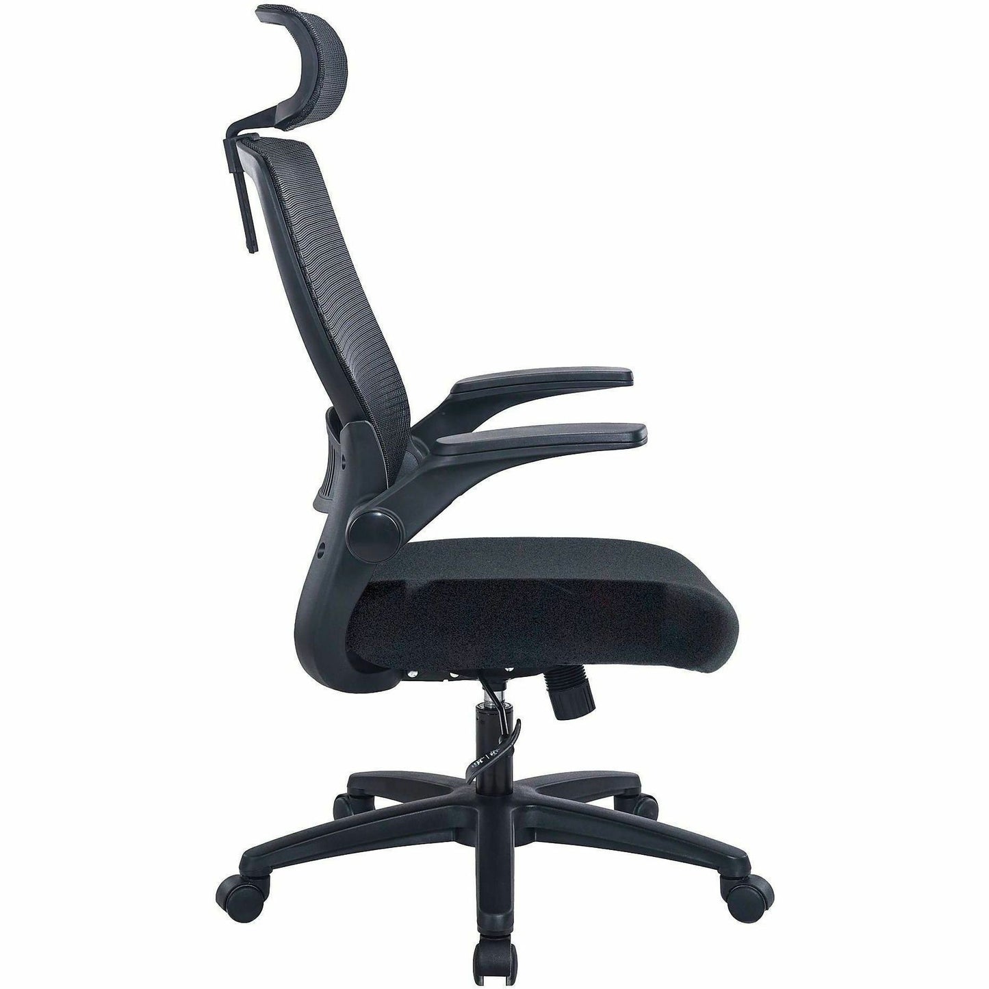 Lorell Lanser Mesh-Back Chair with Flip-Up Arms, Fabric Seat Material, Mesh Back Material, Black (LLR63210)
