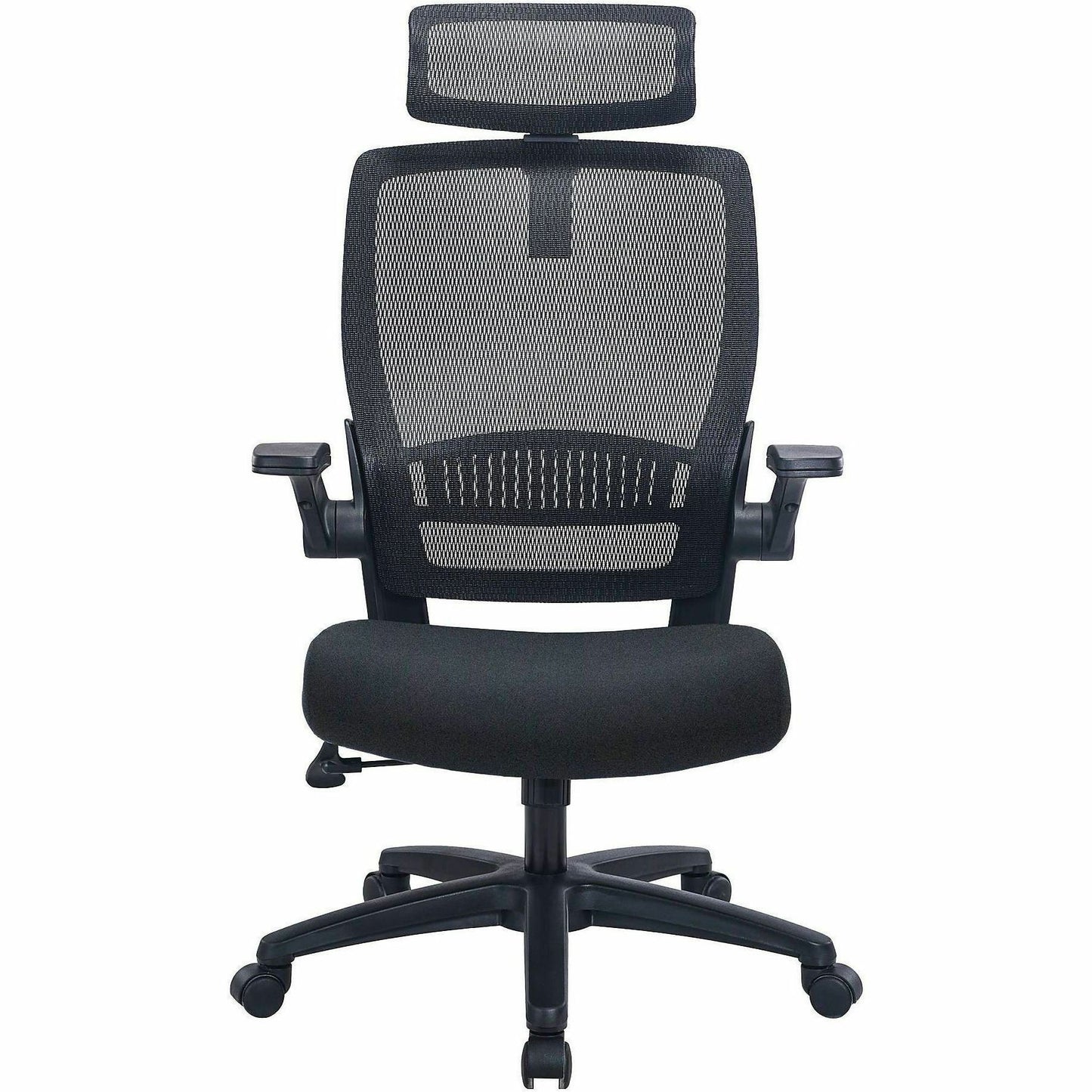 Lorell Lanser Mesh-Back Chair with Flip-Up Arms, Fabric Seat Material, Mesh Back Material, Black (LLR63210)