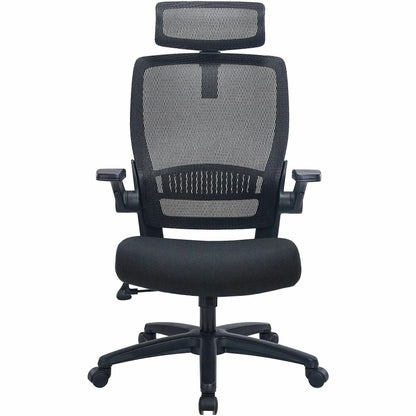 Lorell Lanser Mesh-Back Chair with Flip-Up Arms, Fabric Seat Material, Mesh Back Material, Black (LLR63210)