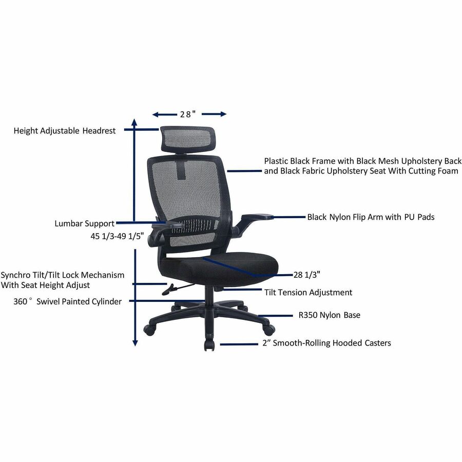 Lorell Lanser Mesh-Back Chair with Flip-Up Arms, Fabric Seat Material, Mesh Back Material, Black (LLR63210)