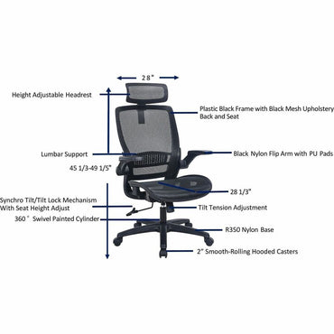Lorell Lanser All-Mesh Chair with Flip-Up Arms, Black (LLR63211)