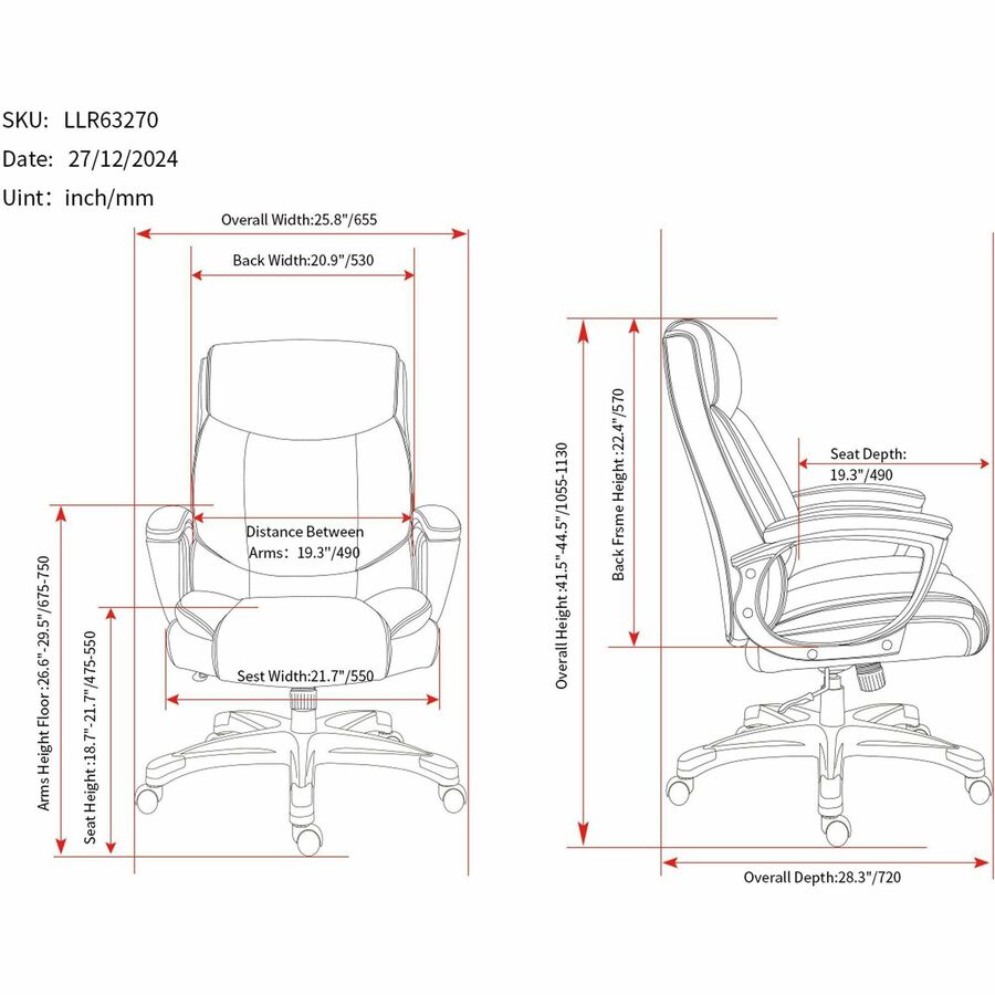Lorell Sera High-Back Manager Chair w/Armrest, Black (LLR63270)