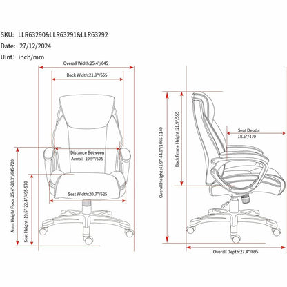 Lorell Kyros High-Back Executive Chair, Gray Seat Color, Gray Back Color (LLR63291)
