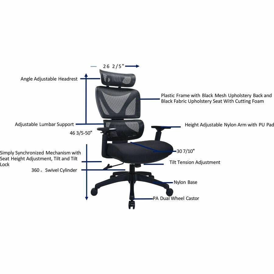 Lorell Xavier Mesh High-Back Chair with Articulating Lumbar, Black (LLR84397)
