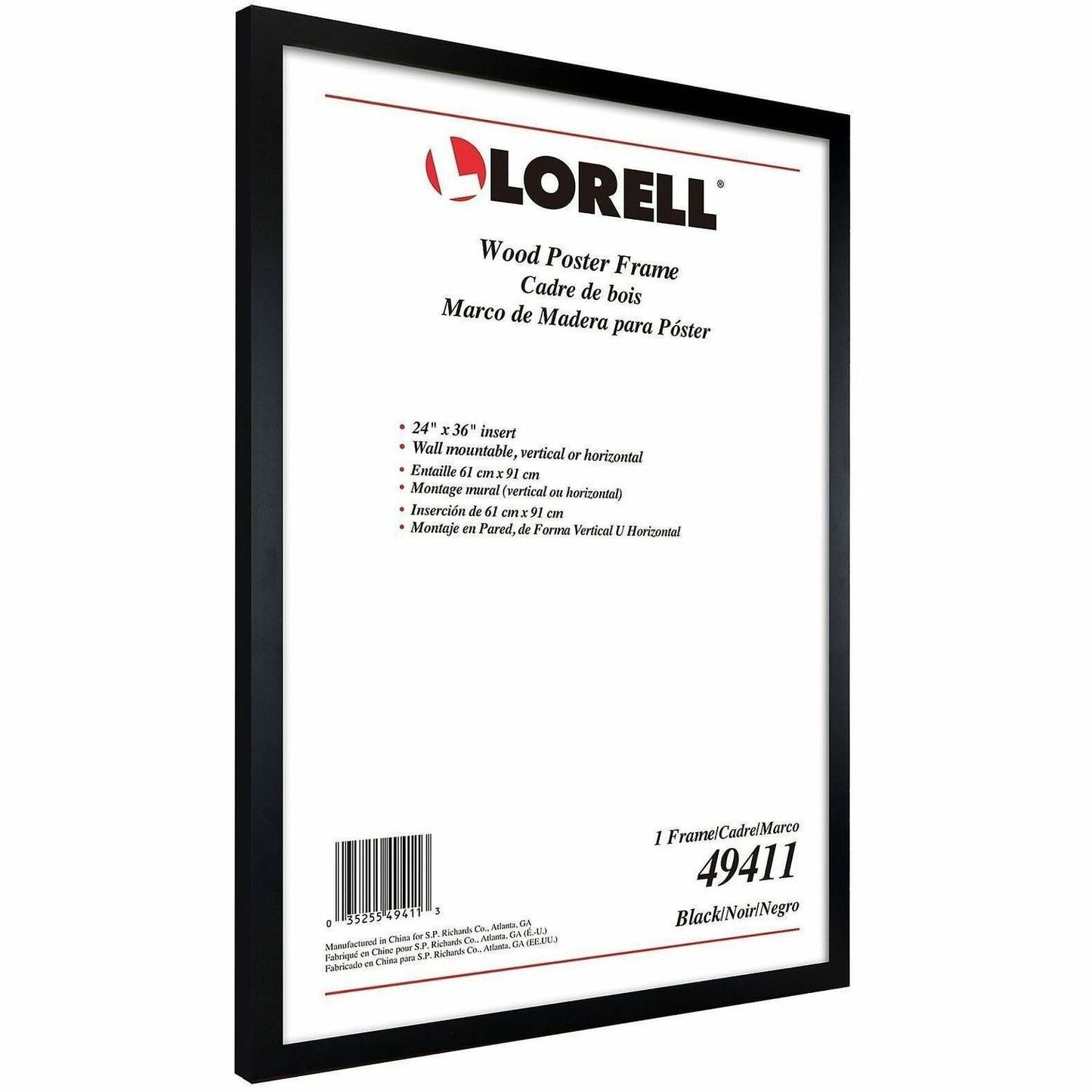 Lorell Wide Frame, 24" x 36" Frame Size, Rectangle, Wall Mountable, Vertical, Horizontal, Wood, Black (LLR49411)