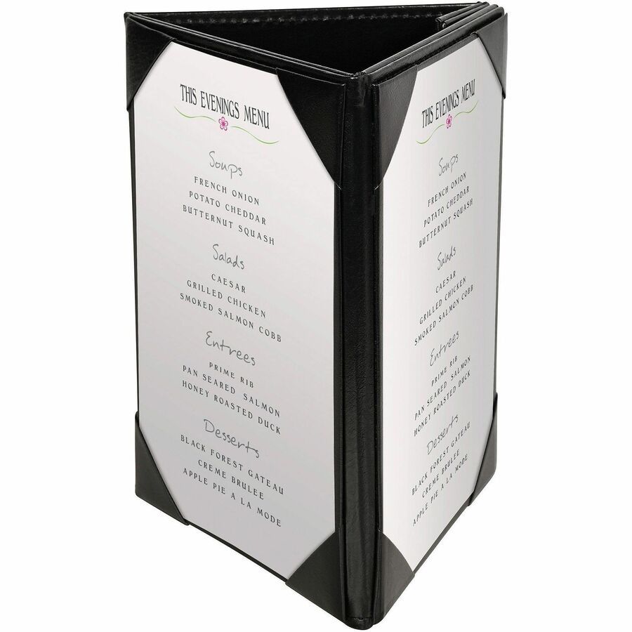 Deflecto Three-Panel Table Tent, Support 5" x 7" Media, Black, Leather, Leatherette (DEF4442)