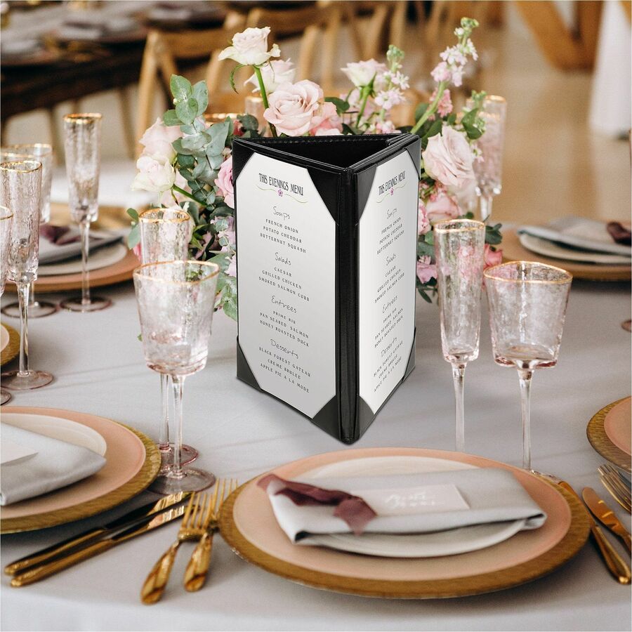 Deflecto Three-Panel Table Tent, Support 5" x 7" Media, Black, Leather, Leatherette (DEF4442)