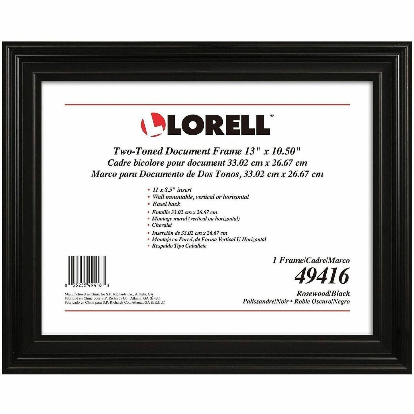 Lorell Two-toned Certificate Frame, 13" x 10.50", Black (LLR49416)